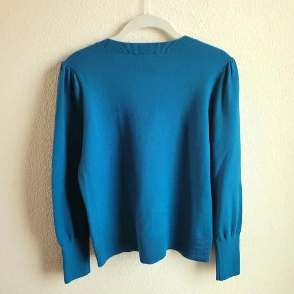 Loft Sweater Medium Teal Puff Sleeve Solid Round Neck Long Sleeve Soft 593282 - Picture 3 of 16